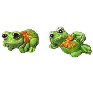 Lefton Ceramic Frogs Pair Orange Bow Figurines Garden Decor Boho Whimsical 1985